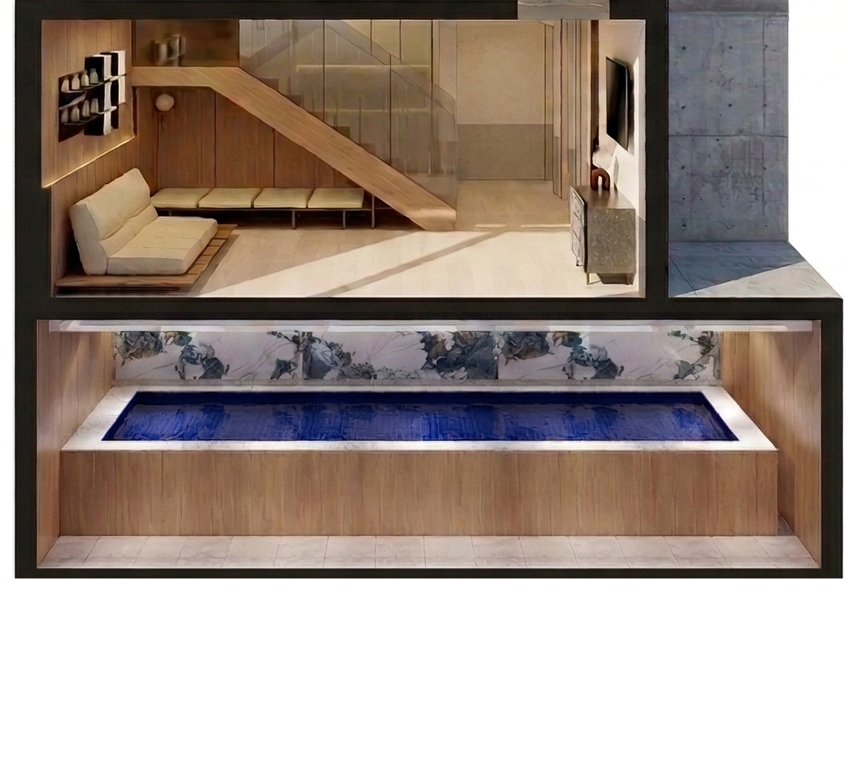 The Hanon 거실·수영장 건축 단면